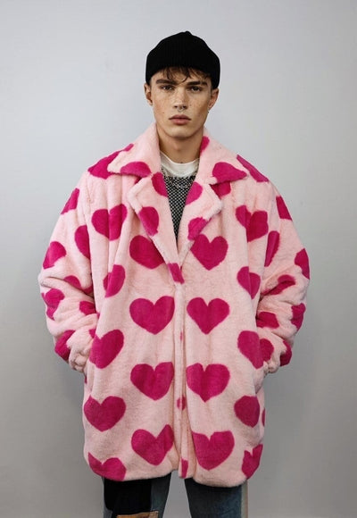 Heart fleece coat handmade faux fur love trench jacket pink