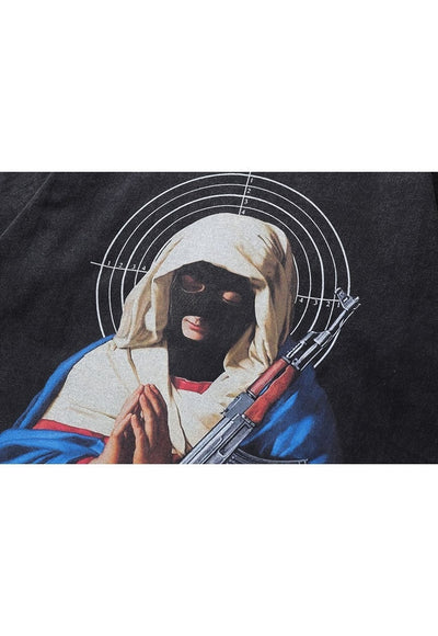 Rapper t-shirt saint cartoon tee balaclava top vintage grey