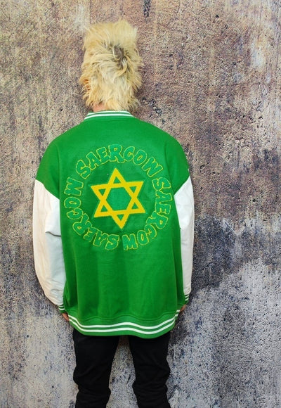 Pentagram patch varsity jacket college baseball bomber green