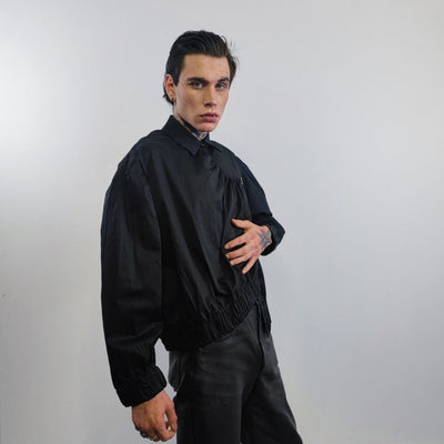 Asymmetric shirt unusual Gothic top catwalk blouse punk rocker jumper long sleeve gorpcore pullover button up utility jumper in black