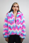 Rainbow faux fur coat crop striped trench festival zigzag