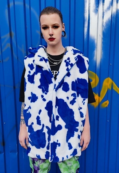 Cow fleece coat handmade 2 in1 animal print jacket in blue