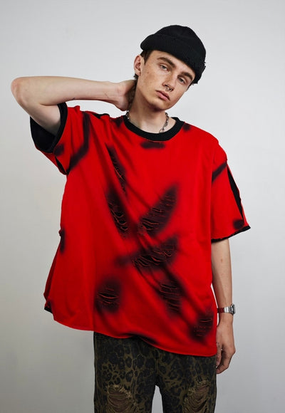 Ripped oversize t-shirt red double layer shredded grunge top