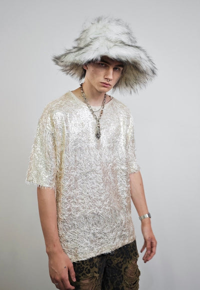 Fluffy party top golden shiny luminous fuzzy rave jumper