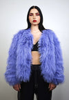 Shaggy fur coat blue collarless cropped trench rave festival