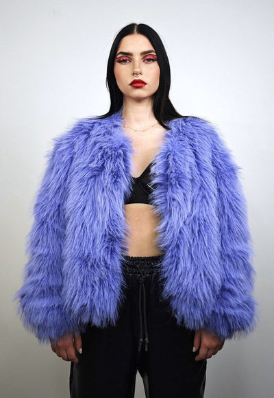 Shaggy fur coat blue collarless cropped trench rave festival