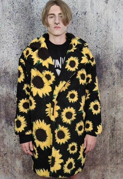 Daisy fleece jacket retro sunflower floral trench coat black