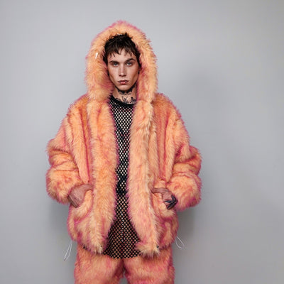 Festival faux fur jacket handmade premium fleece jacket fluffy hooded dual color luxury coat grunge bomber tie-dye puffer neon orange pink