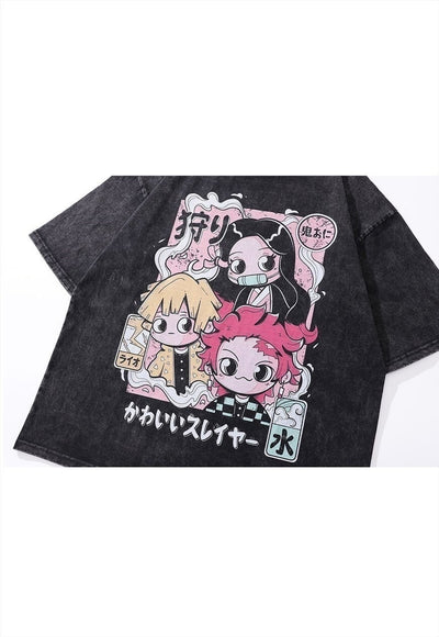 Anime t-shirt Japanese cartoon tee vintage wash top in grey