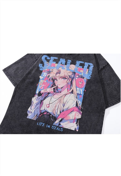 Anime print t-shirt Japanese tee retro Sailor Moon top grey