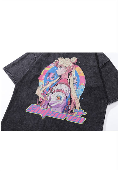 Anime t-shirt Sailor Moon print tee retro Japanese top grey
