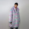 Candy faux fur long coat unicorn trench neon raver bomber fluffy tie-dye fleece psychedelic festival jacket burning man going out coat pink