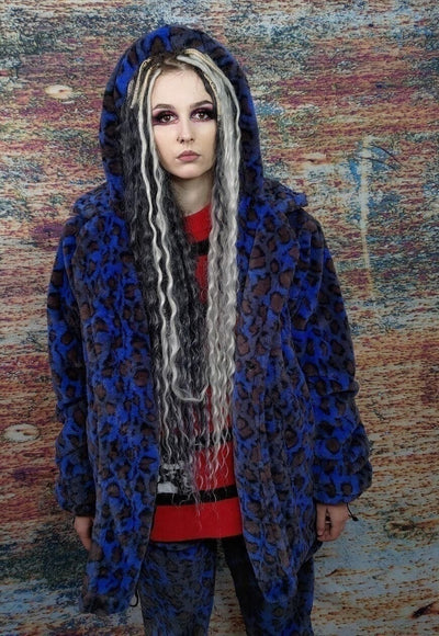 Leopard fleece coat handmade 2in1 tie-dye trench jacket blue