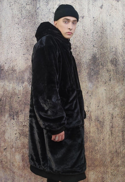 Long fleece coat faux fur hooded bomber long trench in black