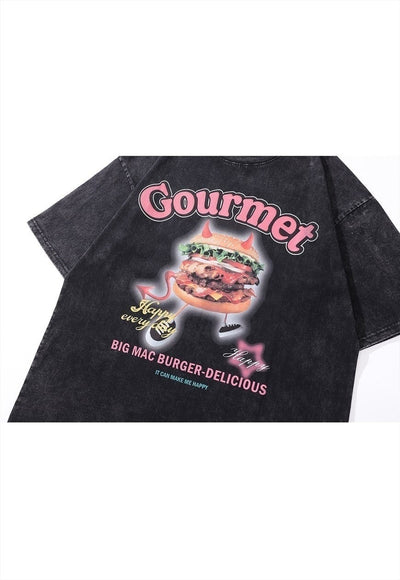 Burger print t-shirt fast food tee retro grunge top in grey