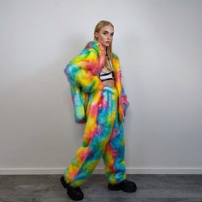 Rainbow faux fur joggers raver pants fluffy psychedelic trousers ski fleece unicorn overalls festival bottoms burning man pants in orange