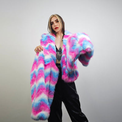 Rainbow faux fur coat crop striped trench festival zigzag jacket furry overcoat carnival bomber party peacoat psycho wide rave fleece pink