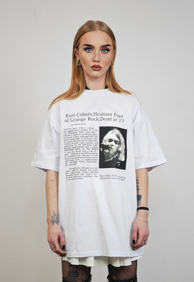 Vintage Kurt Cobain tshirt newspaper print Nirvana tee white