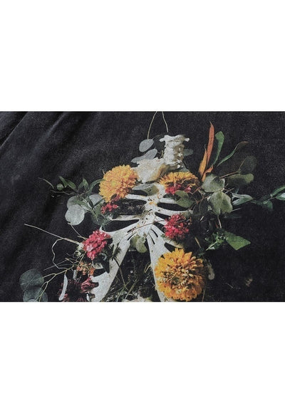 Floral t-shirt grunge skeleton bones long tee retro top grey