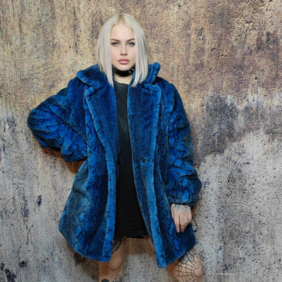 Luxury faux fur snake coat python print bomber handmade detachable fluffy jacket fleece puffer premium grunge trench in blue