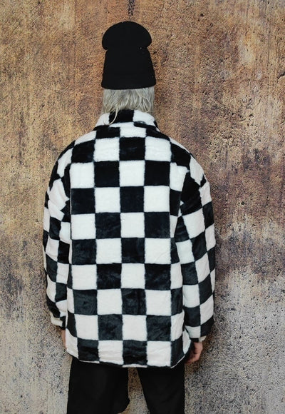 Check fleece jacket checkboard fluffy retro bomber in black