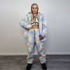 Hooded faux fur unicorn jacket rainbow bomber pastel raver coat fluffy tie-dye fleece festival puffer burning man barbie overcoat pink blue