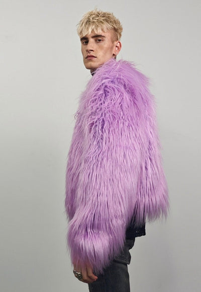 Shaggy fur coat purple collarless cropped festival trench