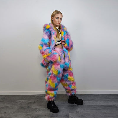 Marshmallow faux fur joggers raver pants fluffy rainbow trousers ski fleece tie-dye unicorn overalls festival bottoms burning man pants pink