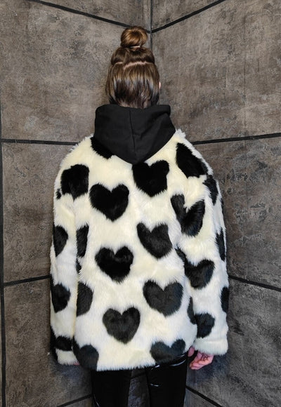 Faux fur heart coat retro fluffy fleece grunge bomber cream