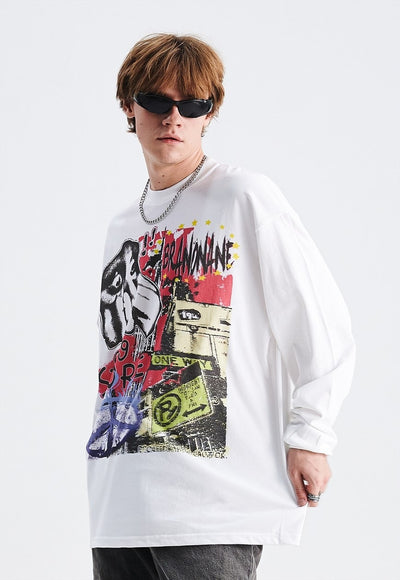 Graffiti t-shirt 80s print tee long sleeve pop art top white