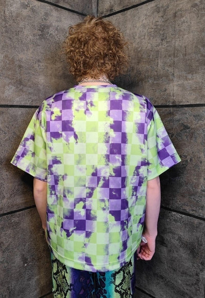 Check print t-shirt handmade acid chess tee punk top purple