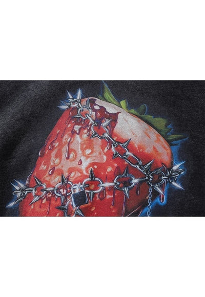 Chain print hoodie strawberry pullover grunge top in grey