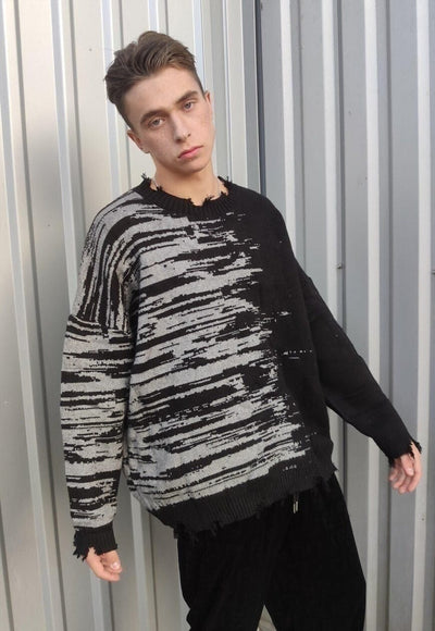 Ripped sweater contrast stitch stripe jumper in black grey