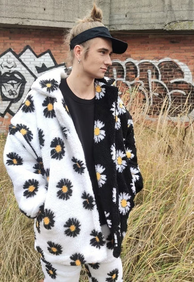 Floral fleece coat handmade daisy trench jacket white black