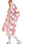 Checked shaggy fur longline coat geometric pattern jacket rave bomber fluffy festival coat fleece party bomber pastel burning man coat pink