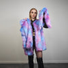 Neon faux fur jacket collarless pastel coat bright raver bomber fluffy rainbow fleece luminous festival pullover burning man overcoat blue