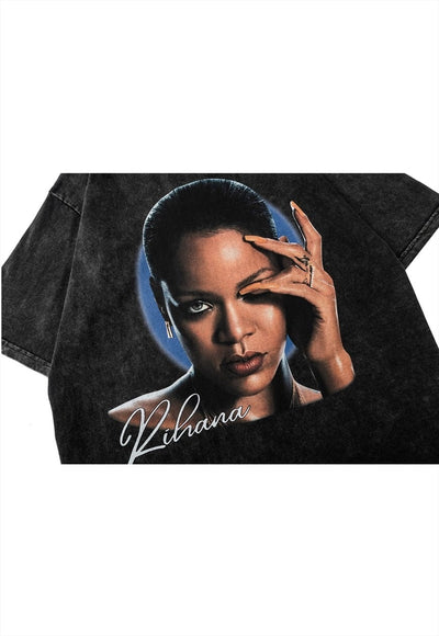Rihanna t-shirt American singer tee vintage wash top grey