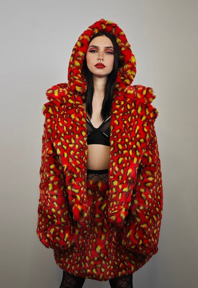 Red leopard coat faux fur animal print cropped hooded bomber