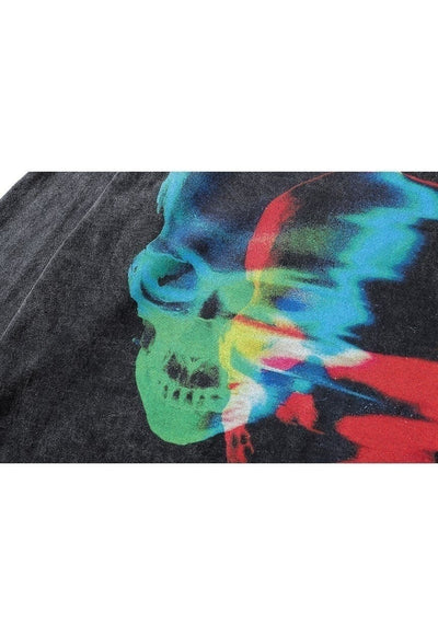 Thermal print t-shirt old skull long tee retro skeleton top