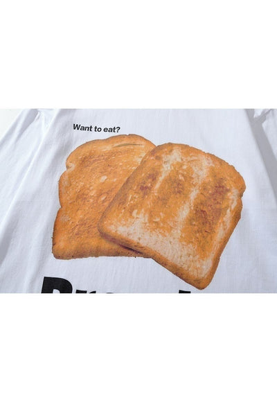 Bread print t-shirt old food long tee retro toast top white