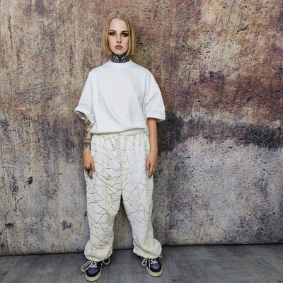 Golden faux fur joggers metallic pants handmade luminous fleece raver trousers premium party overalls in white and gold