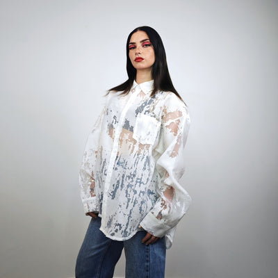 Sheer shirt white transparent blouse long sleeve mesh jumper edgy romantic top retro 00s see-though pullover in white