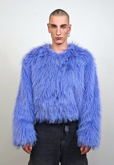 Shaggy fur coat blue collarless cropped trench rave festival