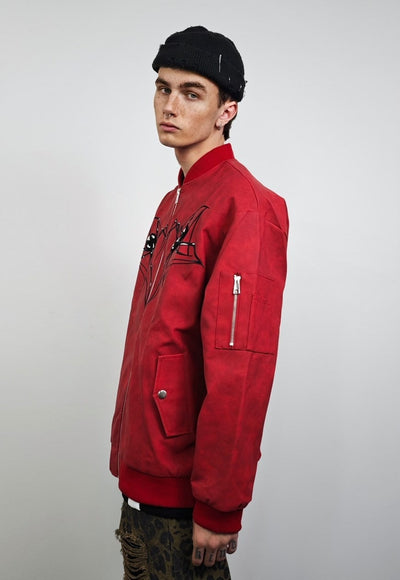 Spider patchwork jacket red faux leather punk college bomber