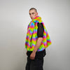 Rainbow faux fur coat crop striped trench festival zigzag jacket furry overcoat carnival bomber party peacoat psycho wide rave fleece Green