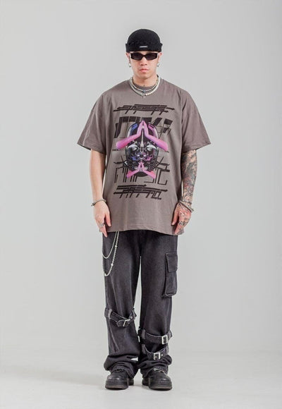 Mask print t-shirt grunge cyber punk tee raver top in grey