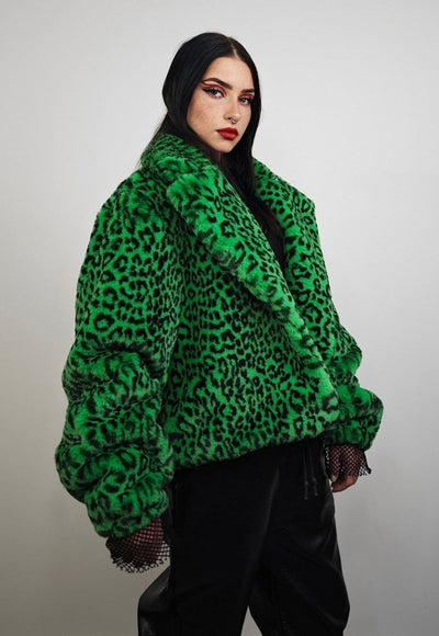 Short leopard trench coat green cropped animal print jacket