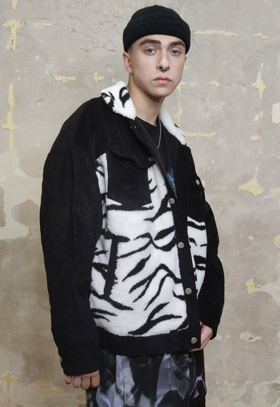 Animal print corduroy jacket zebra fleece patch bomber black