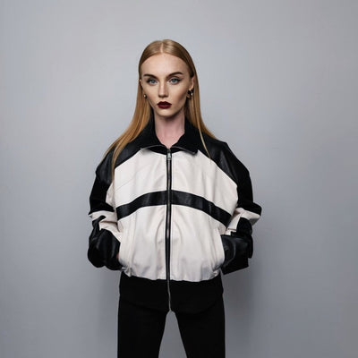 Faux leather motorcycle jacket PU racing bomber cropped college jacket edgy varsity jacket raised neck biker coat in white black