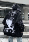 Anime fleece jacket faux fur graffiti bomber jacket black